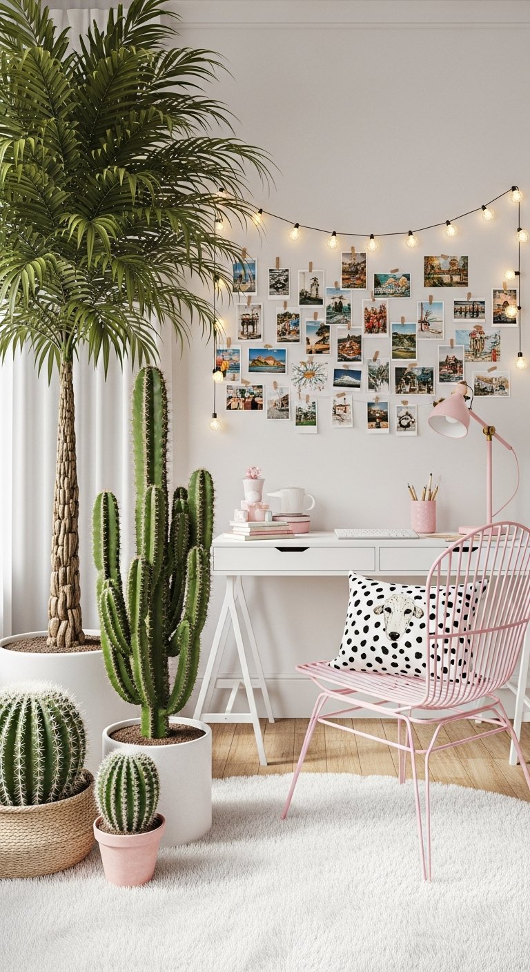 Bureau de travail à la maison cactus et guirlande photos