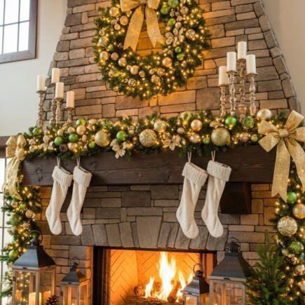 Cheminee en pierre massive avec decorations vertes et dorees