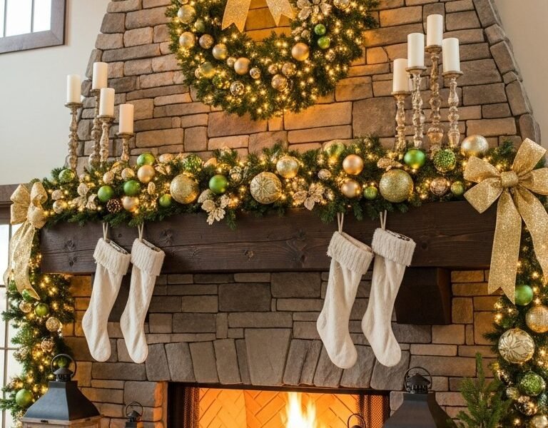 Cheminee en pierre massive avec decorations vertes et dorees