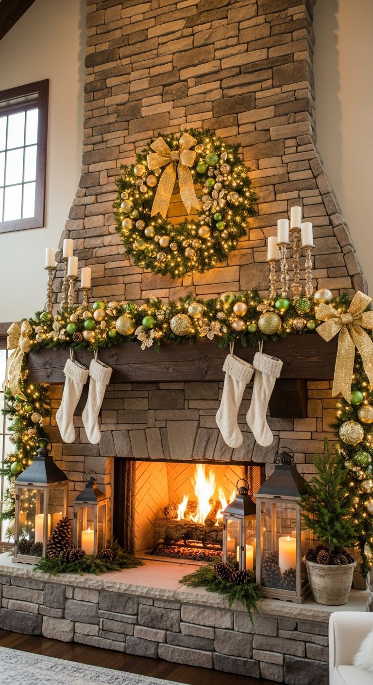 Cheminee en pierre massive avec decorations vertes et dorees