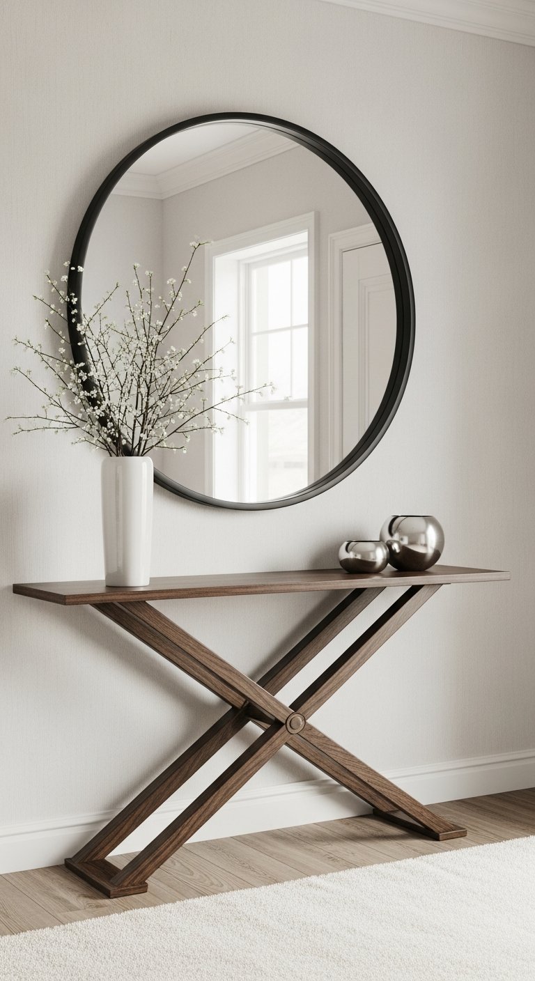 Console en bois fonce a pieds en X avec grand miroir rond noir