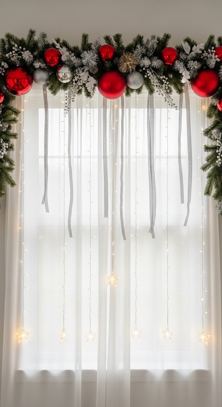 Fenêtre décorée pour Noel avec guirlande et lumières étoiles