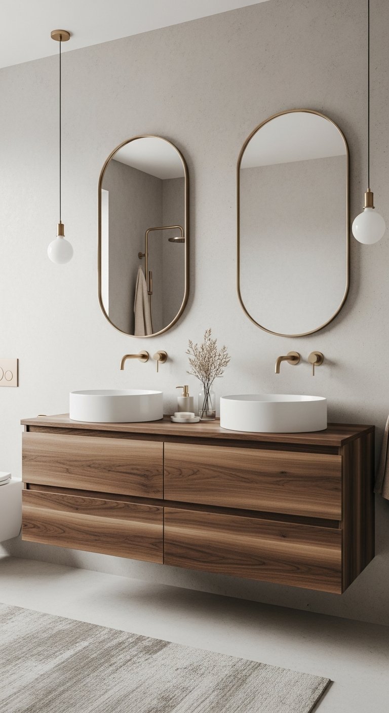 Meuble double vasque en bois avec murs en beton cire clair