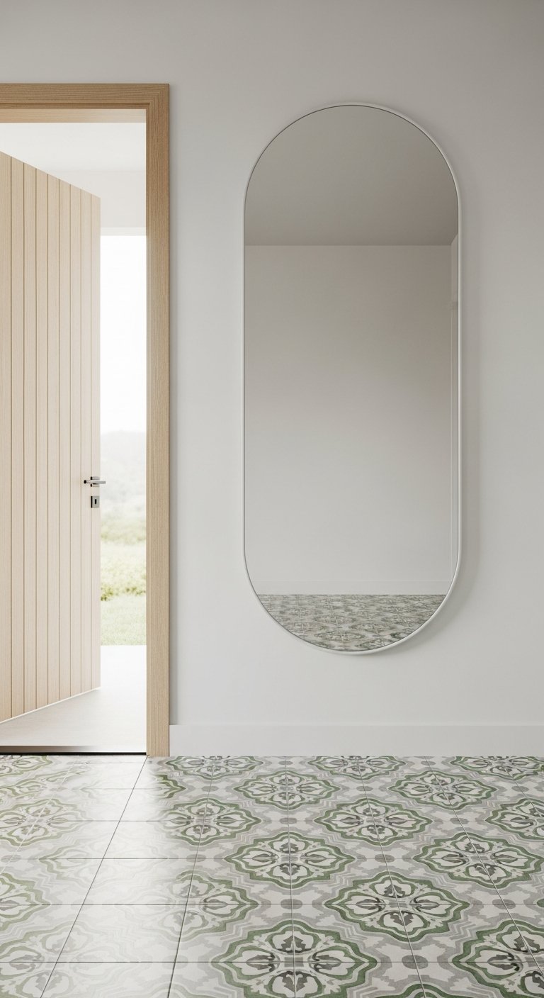 Miroir ovale vertical avec cadre blanc sur un mur blanc et sol en carreaux de ciment