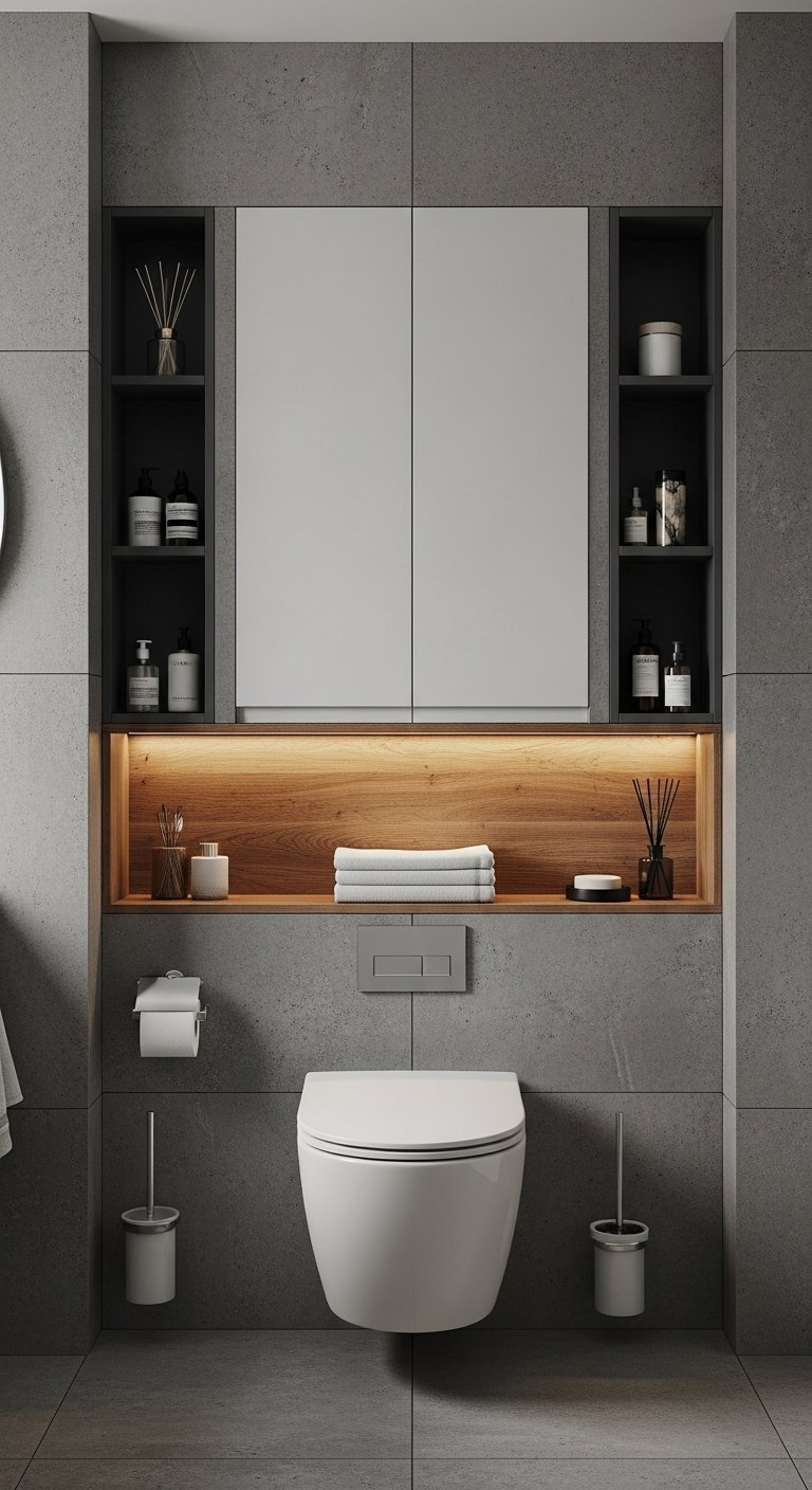 Niche horizontale en bois eclairee sous un placard au dessus des toilettes