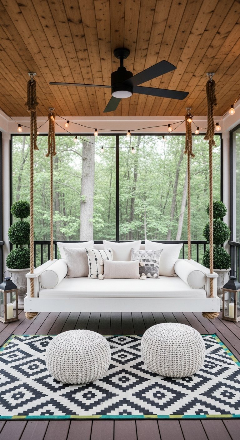 Porche couvert avec lit balancelle blanc suspendu et tapis graphique noir et blanc