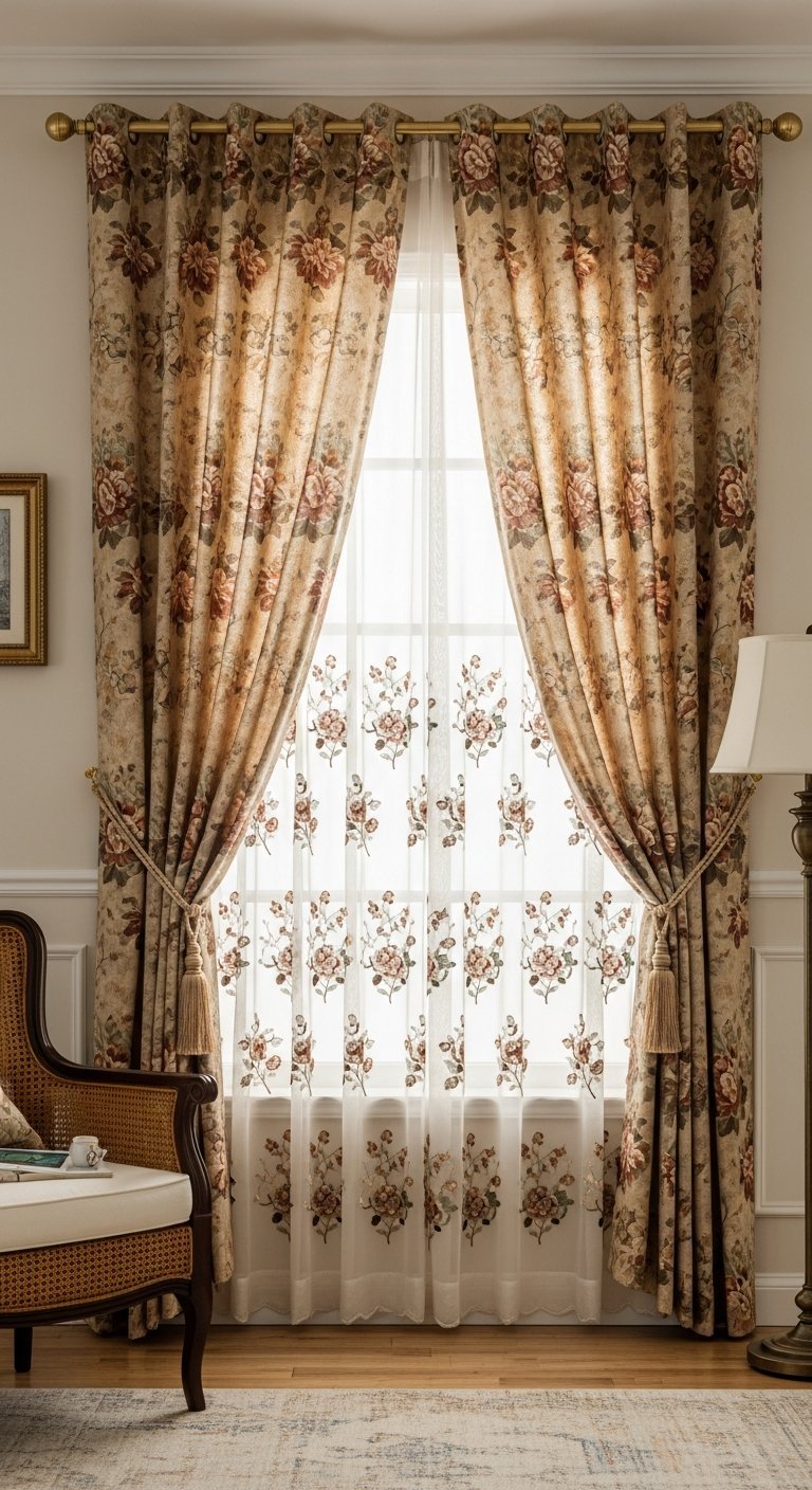 Rideaux de salon a motif floral vintage avec voilage brode assorti