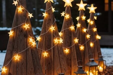 Sapins en planches de bois DIY avec guirlandes étoiles et lanternes
