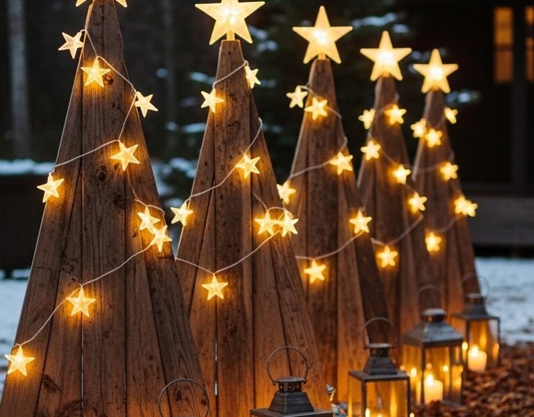 Sapins en planches de bois DIY avec guirlandes étoiles et lanternes