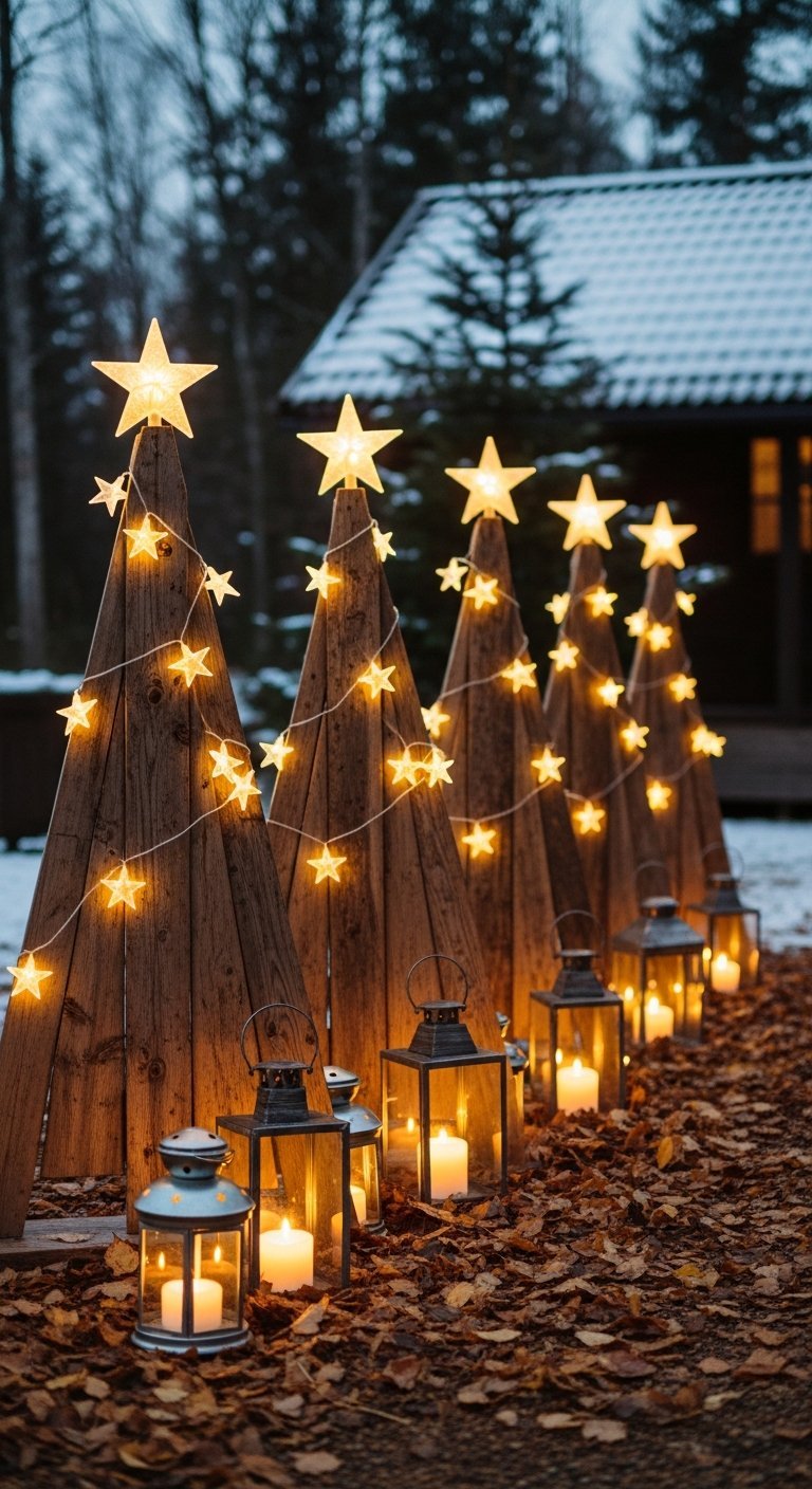 Sapins en planches de bois DIY avec guirlandes étoiles et lanternes