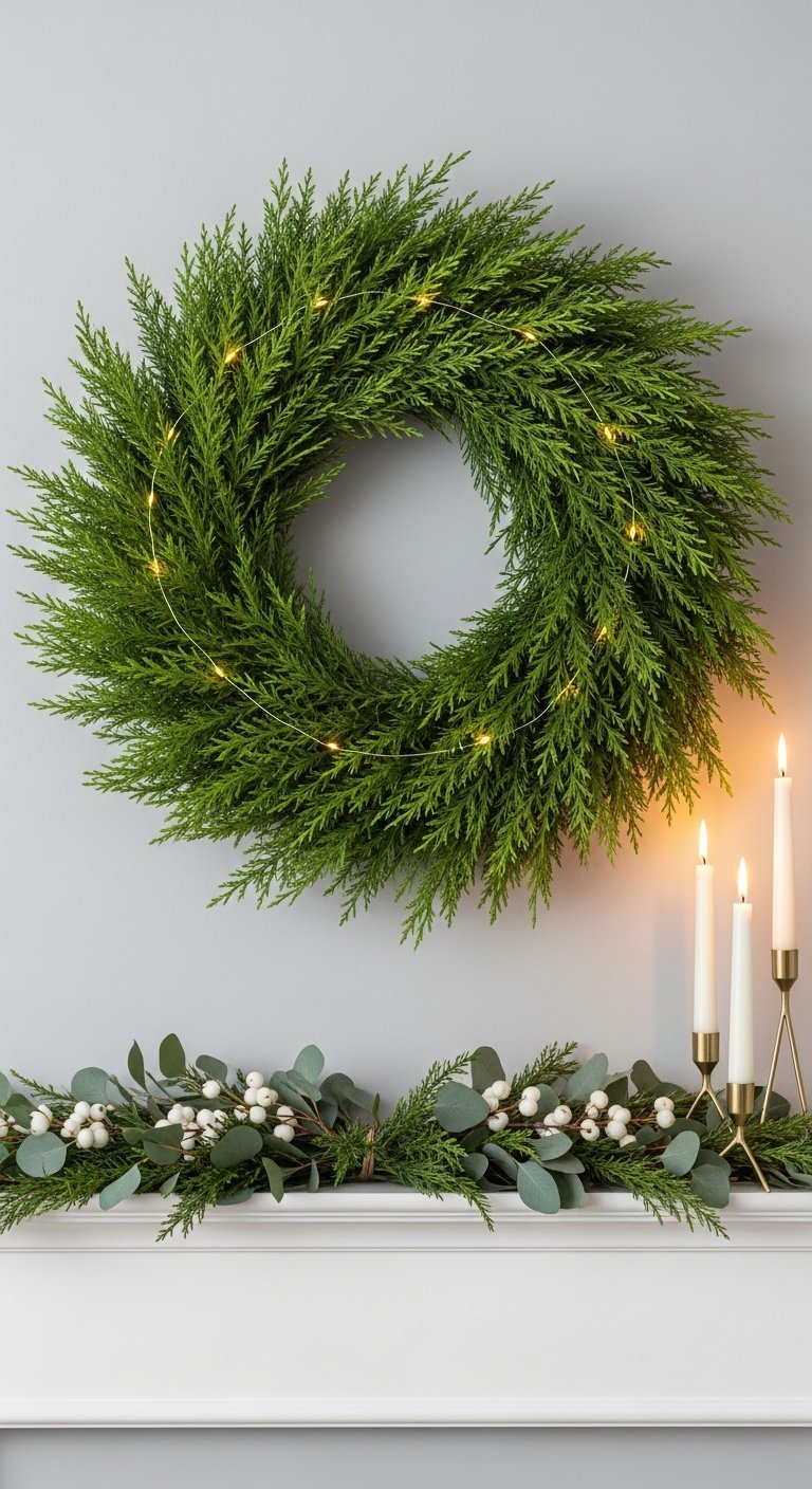 Simple couronne de Noel moderne en cypres avec une fine guirlande lumineuse