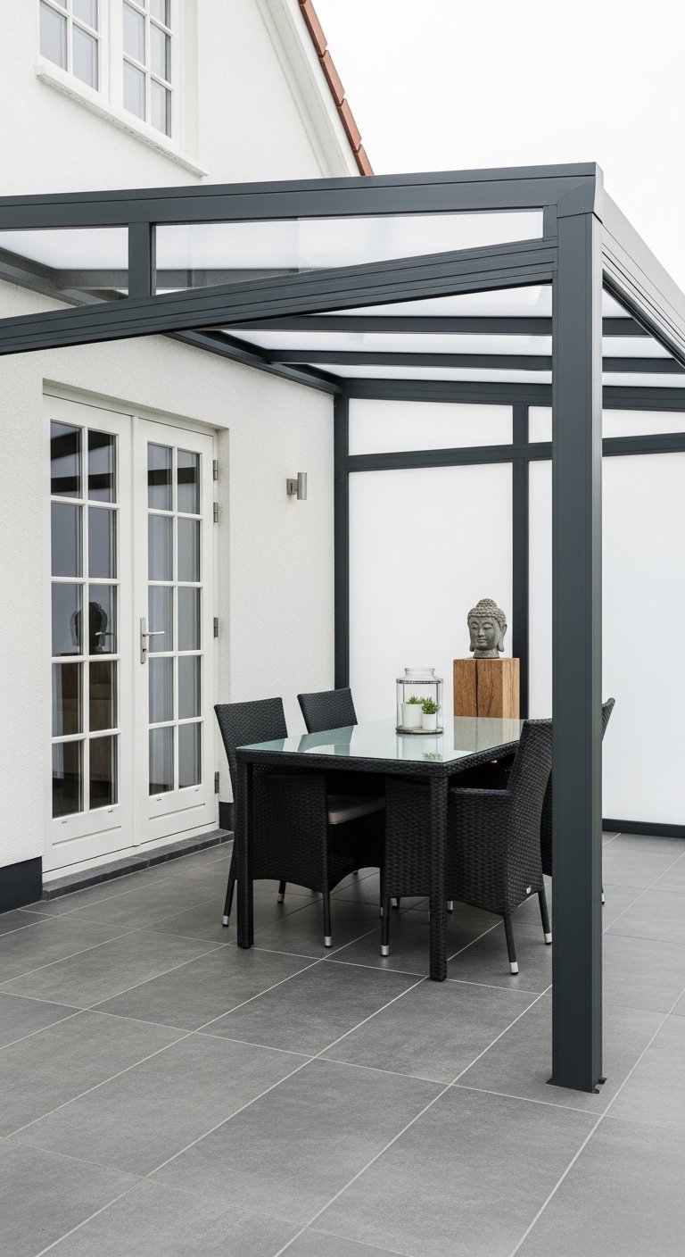 Structure de véranda grise avec salle à manger noire et brise vue blanc