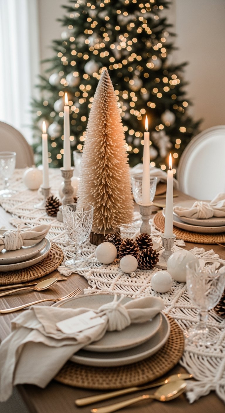 Table de Noel blanche et beige style boheme with chemin de table macrame