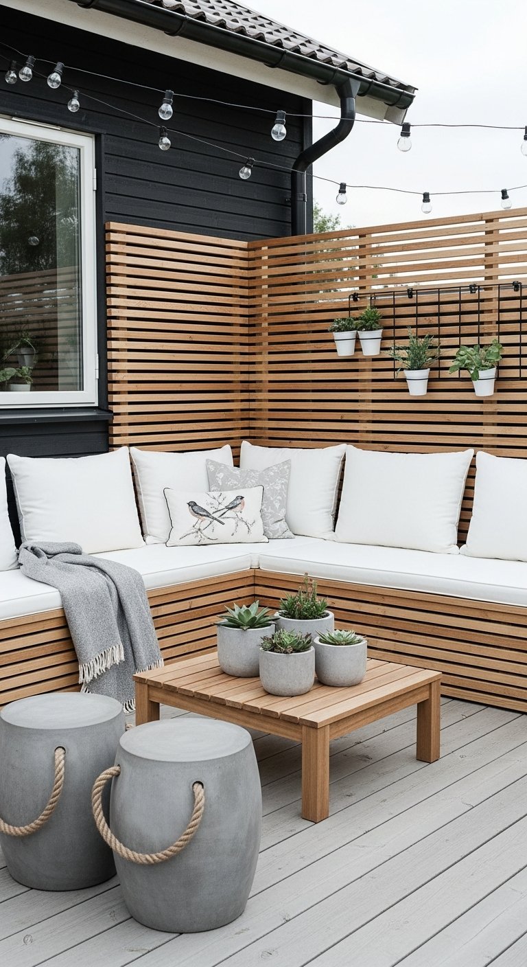 Banquette d angle en bois sur terrasse avec claustra et tabourets en béton