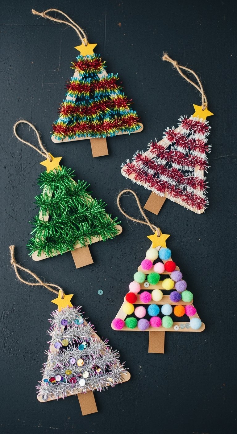 Bricolage de noel pour enfants sapins en batonnets de glace decores