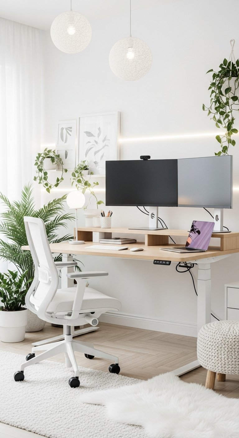 Bureau de travail à la maison double écran et plantes vertes