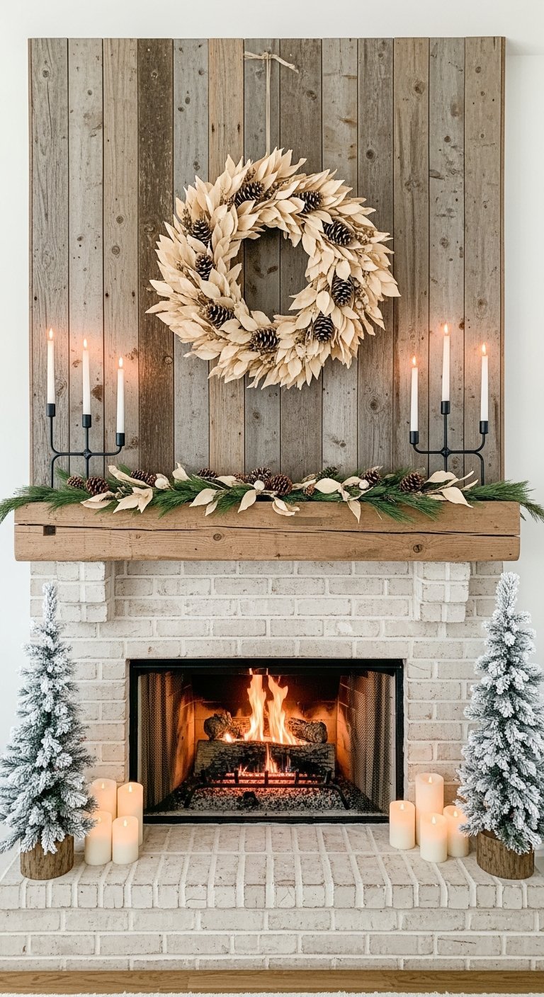 Cheminee en brique blanche avec fond en bois et couronne naturelle