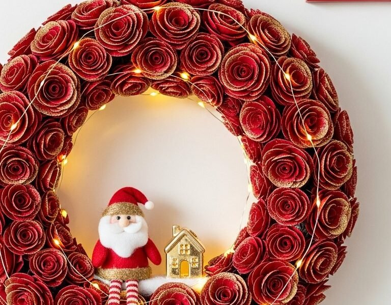 Couronne de Noel moderne DIY en roses de papier rouge et dore avec un petit Pere Noel