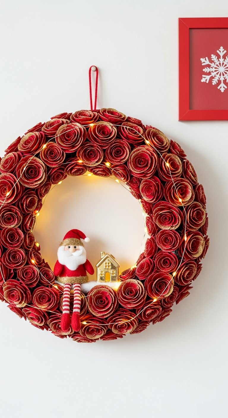 Couronne de Noel moderne DIY en roses de papier rouge et dore avec un petit Pere Noel