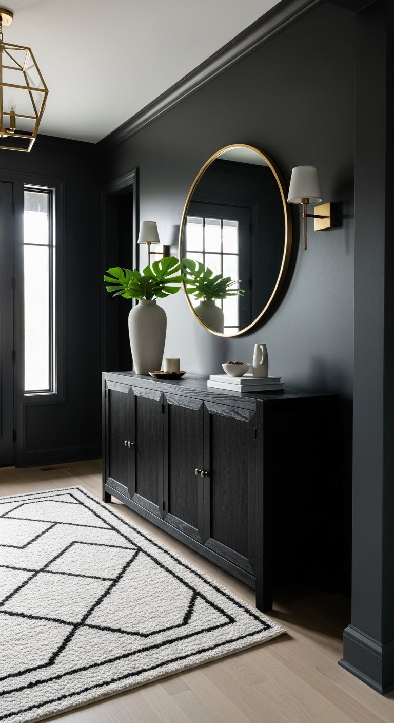 Entree noire avec console noire miroir rond dore et appliques murales