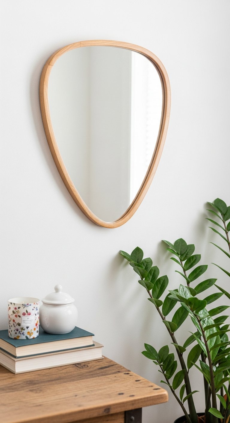 Petit miroir de forme triangulaire arrondie avec cadre en bois