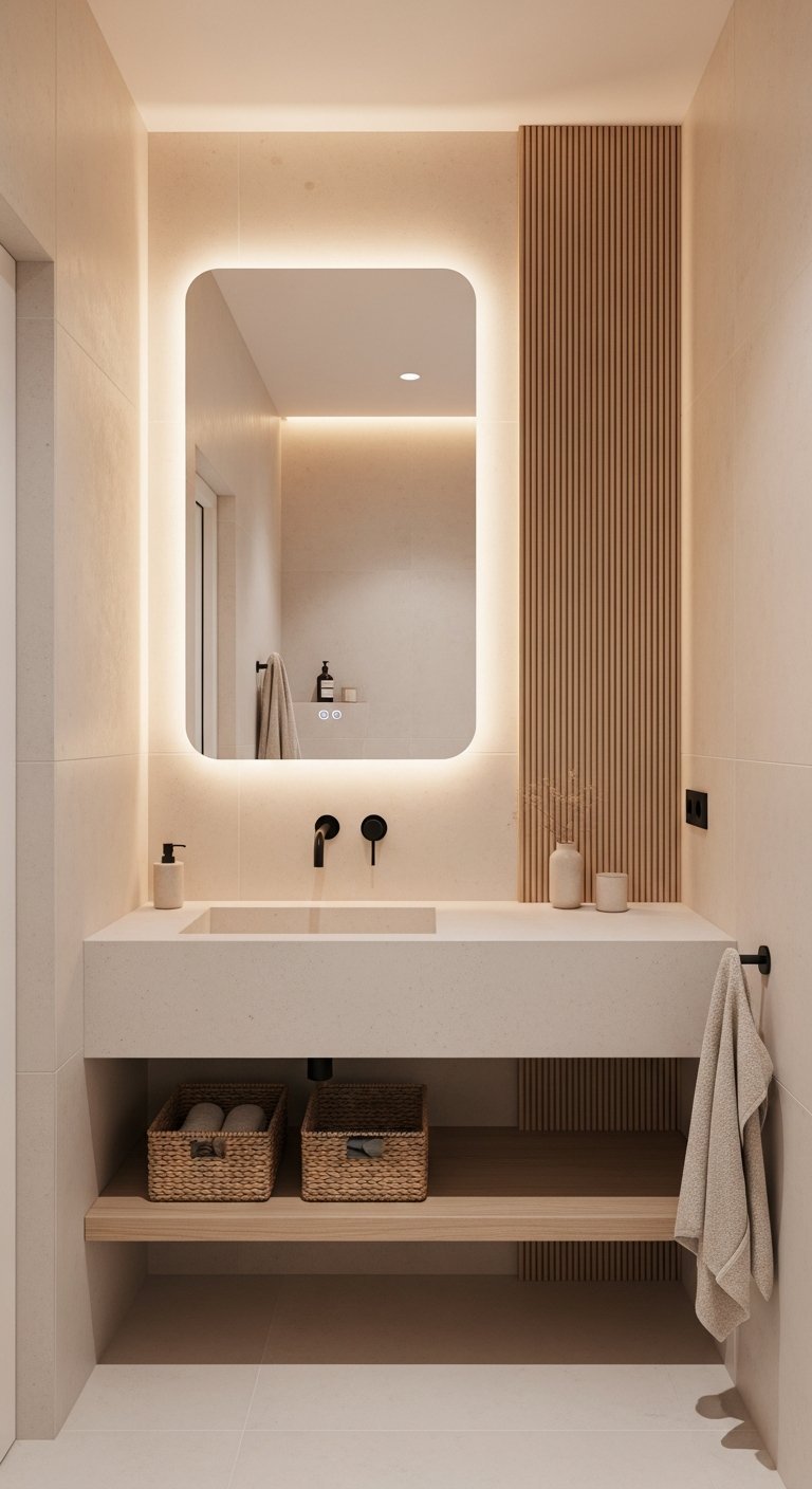 Plan vasque en beton cire clair avec mur en tasseaux de bois