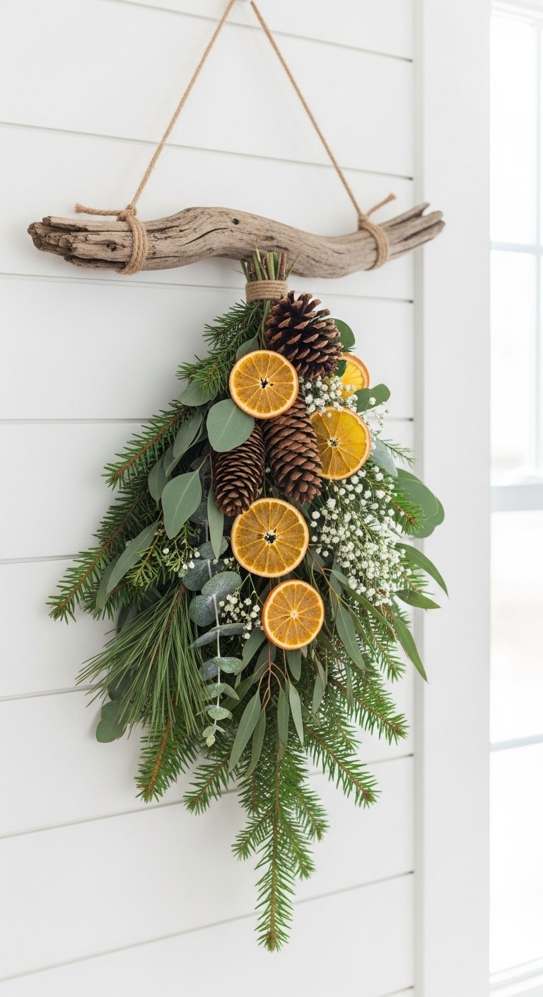 Suspension de Noël naturelle avec bois flotté oranges séchées et pommes de pin