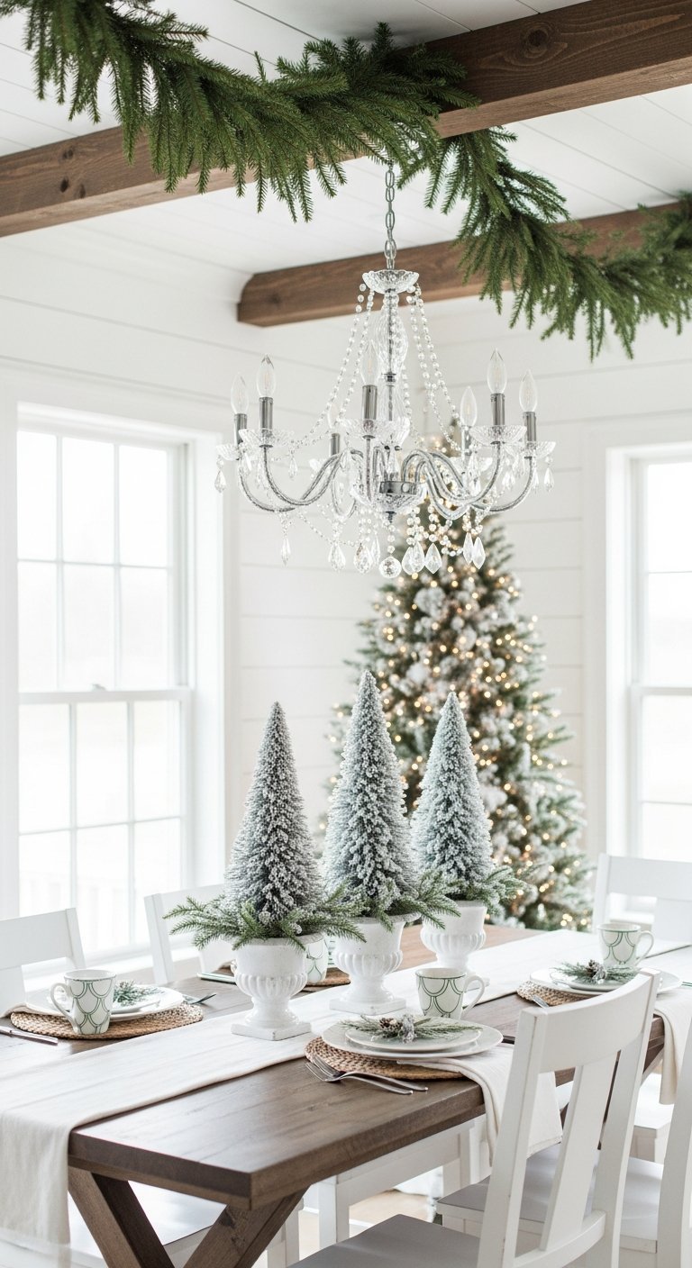 Table de Noel rustique avec trois mini sapins floques dans des urnes blanches