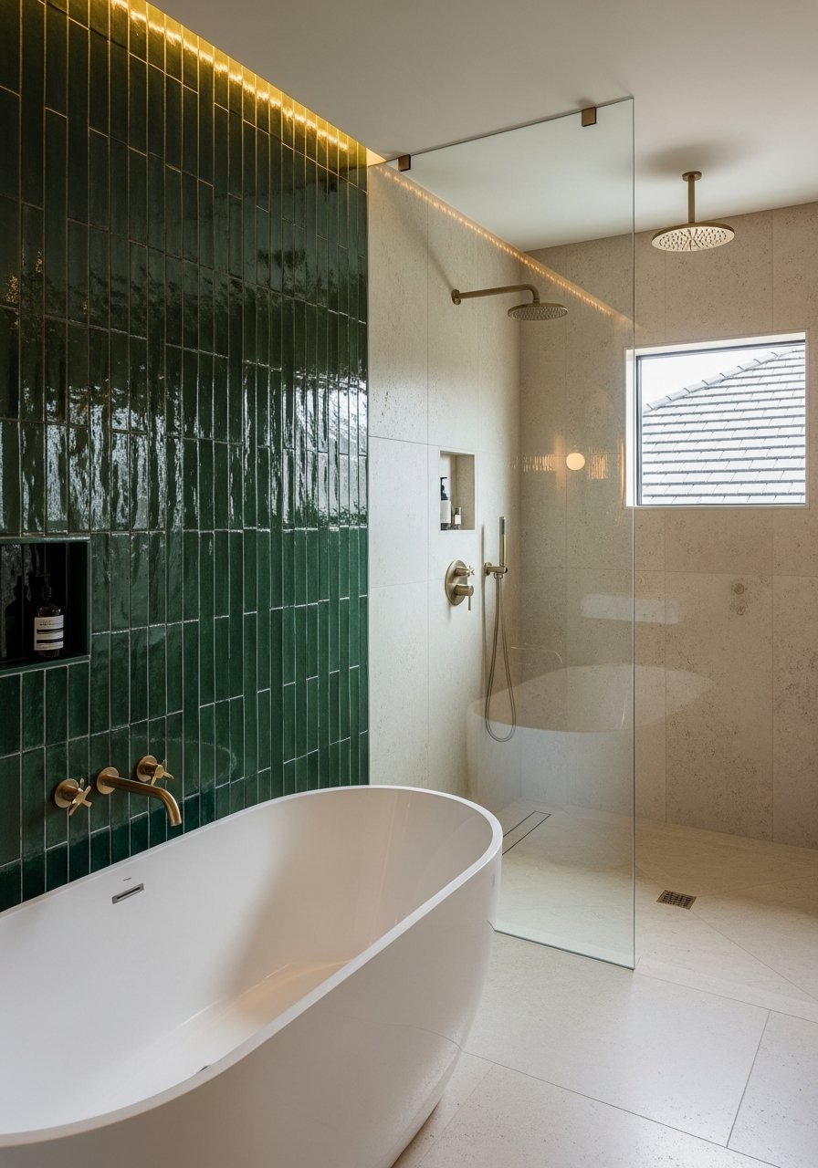 baignoire blanche mur zellige vert fonce