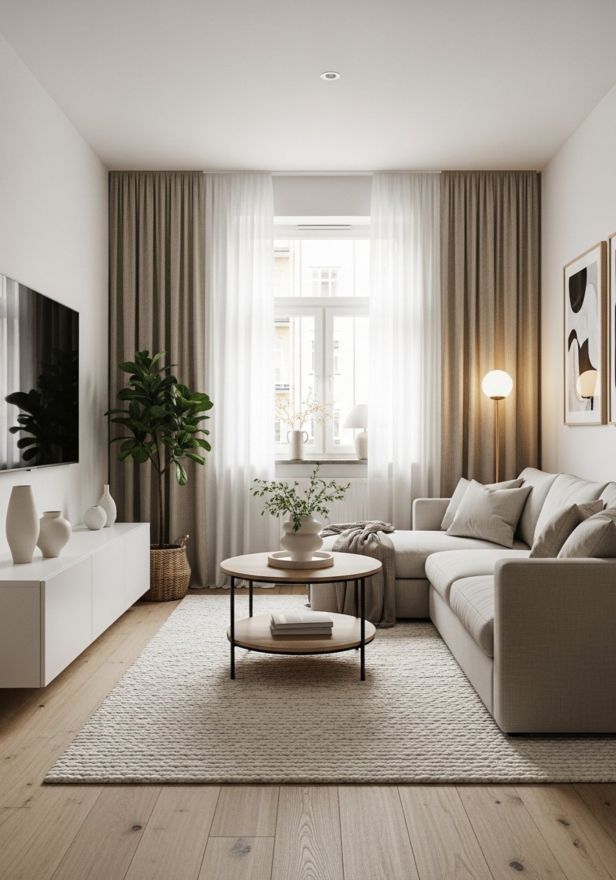 salon monochrome beige rideaux