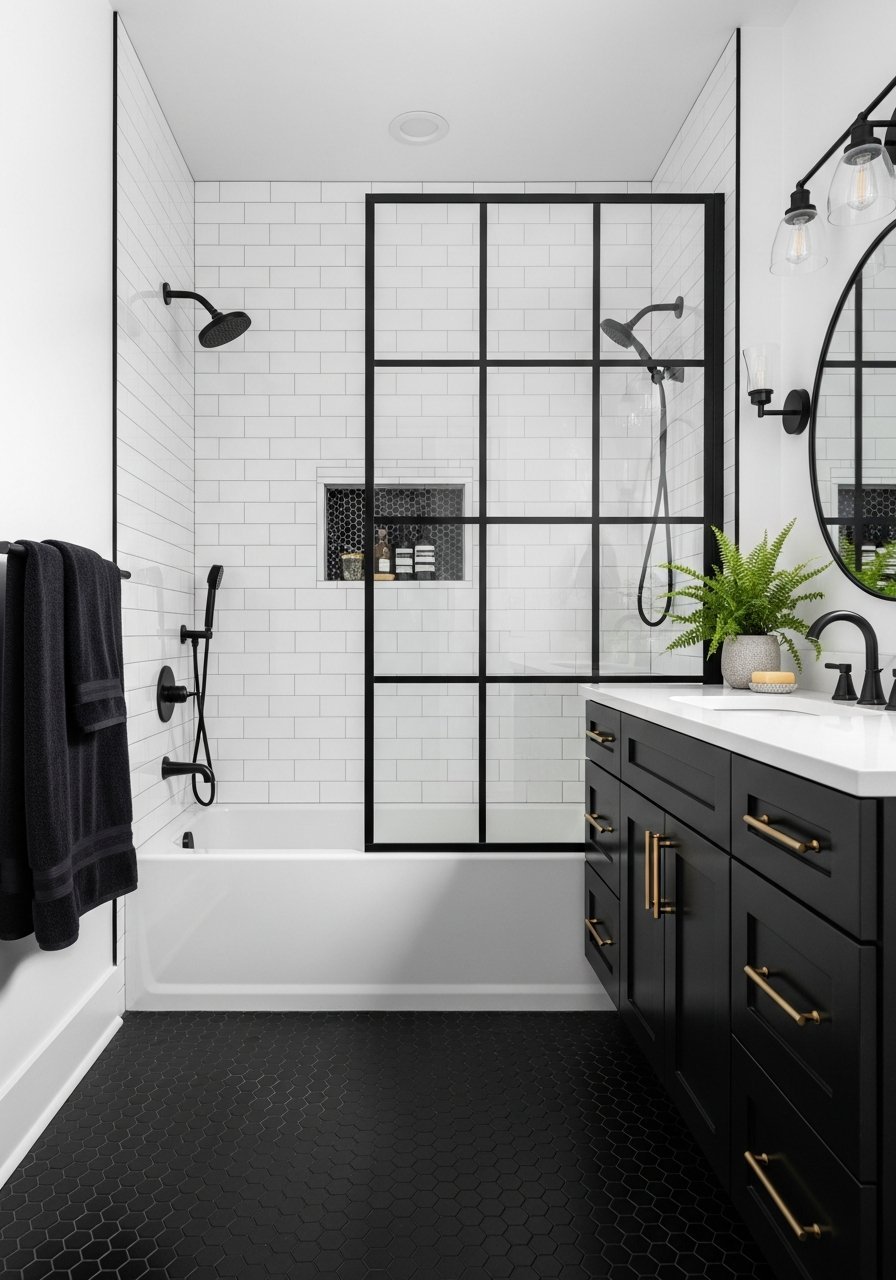 Baignoire noire devant baie vitree tasseaux