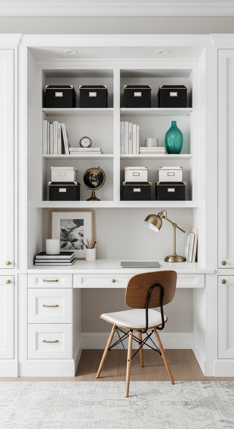 Bureau de travail à la maison intégré bibliothèque blanche