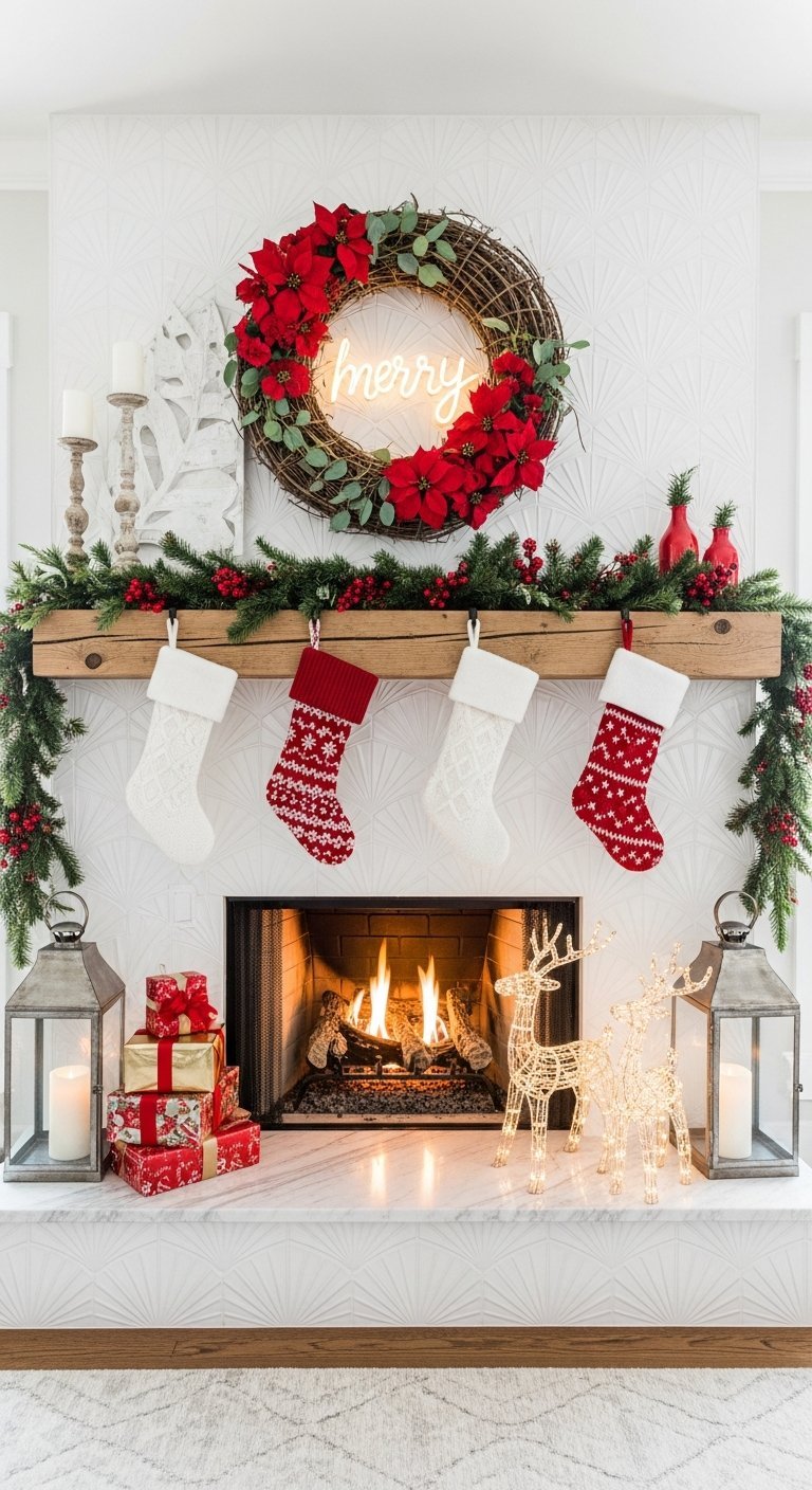 Cheminee en carrelage blanc avec poutre en bois et signe neon Merry