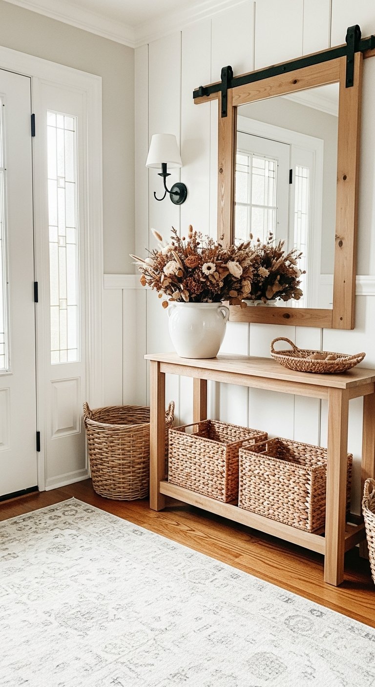 Console en bois clair avec miroir style porte de grange