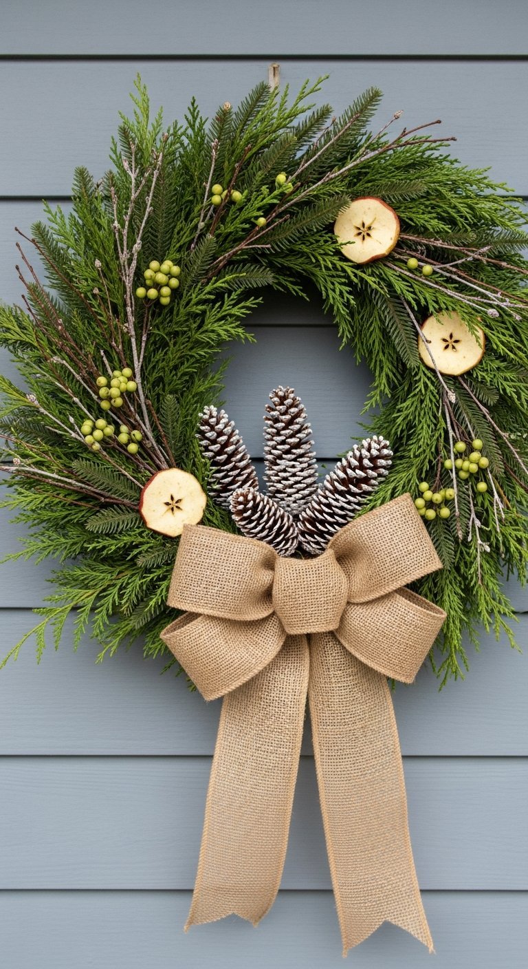 Couronne de Noel moderne rustique avec grand noeud en toile de jute et tranches de pommes