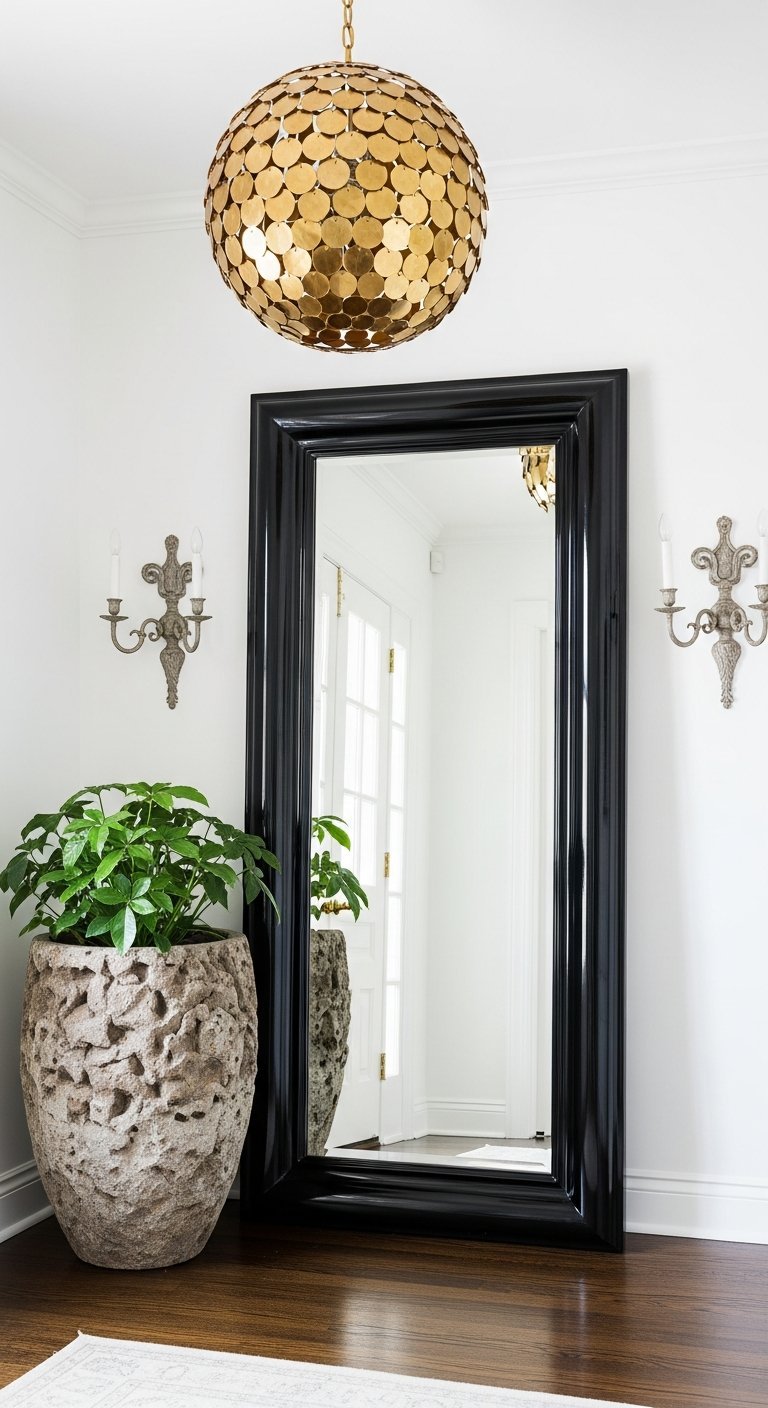 Grand miroir au sol cadre noir laqué reflétant un lustre doré