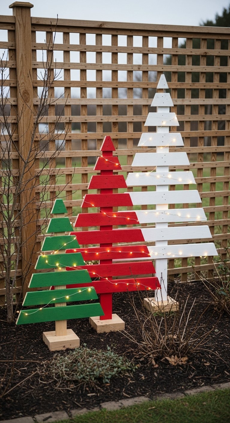 Sapins de Noël en bois de palette peints en rouge vert et blanc