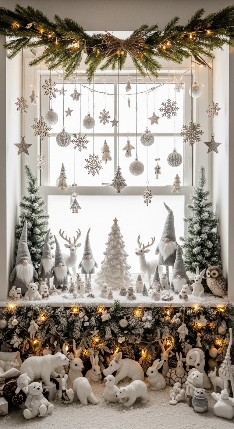 Scène de fenêtre Noël arctique avec gnomes animaux blancs et neige