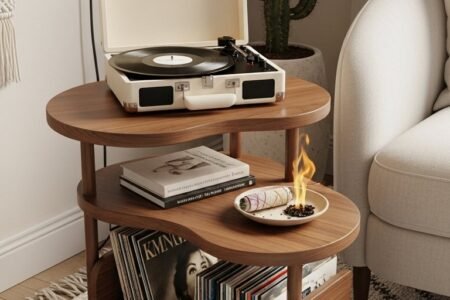 Table d appoint en bois en forme de S avec rangement vinyle en bas
