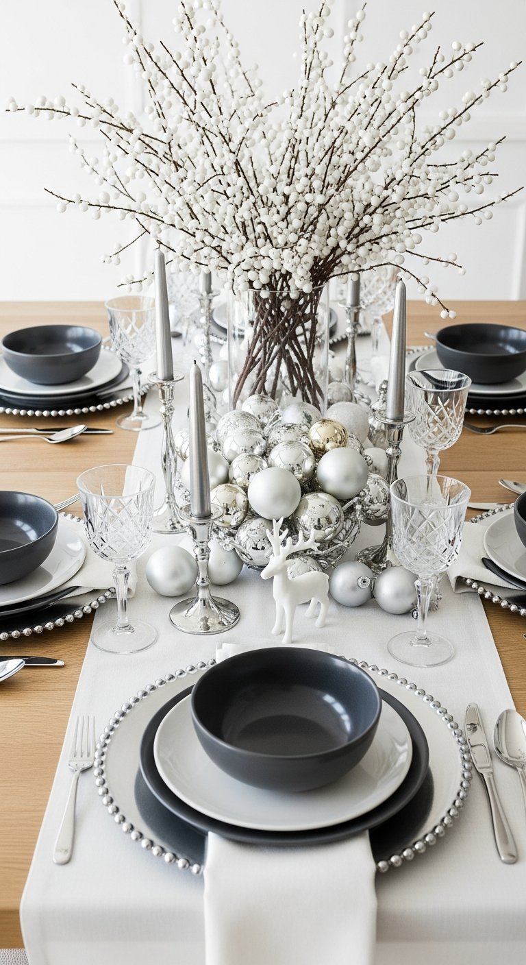 Table de Noel blanche et grise avec branches de baies blanches et boules argentees