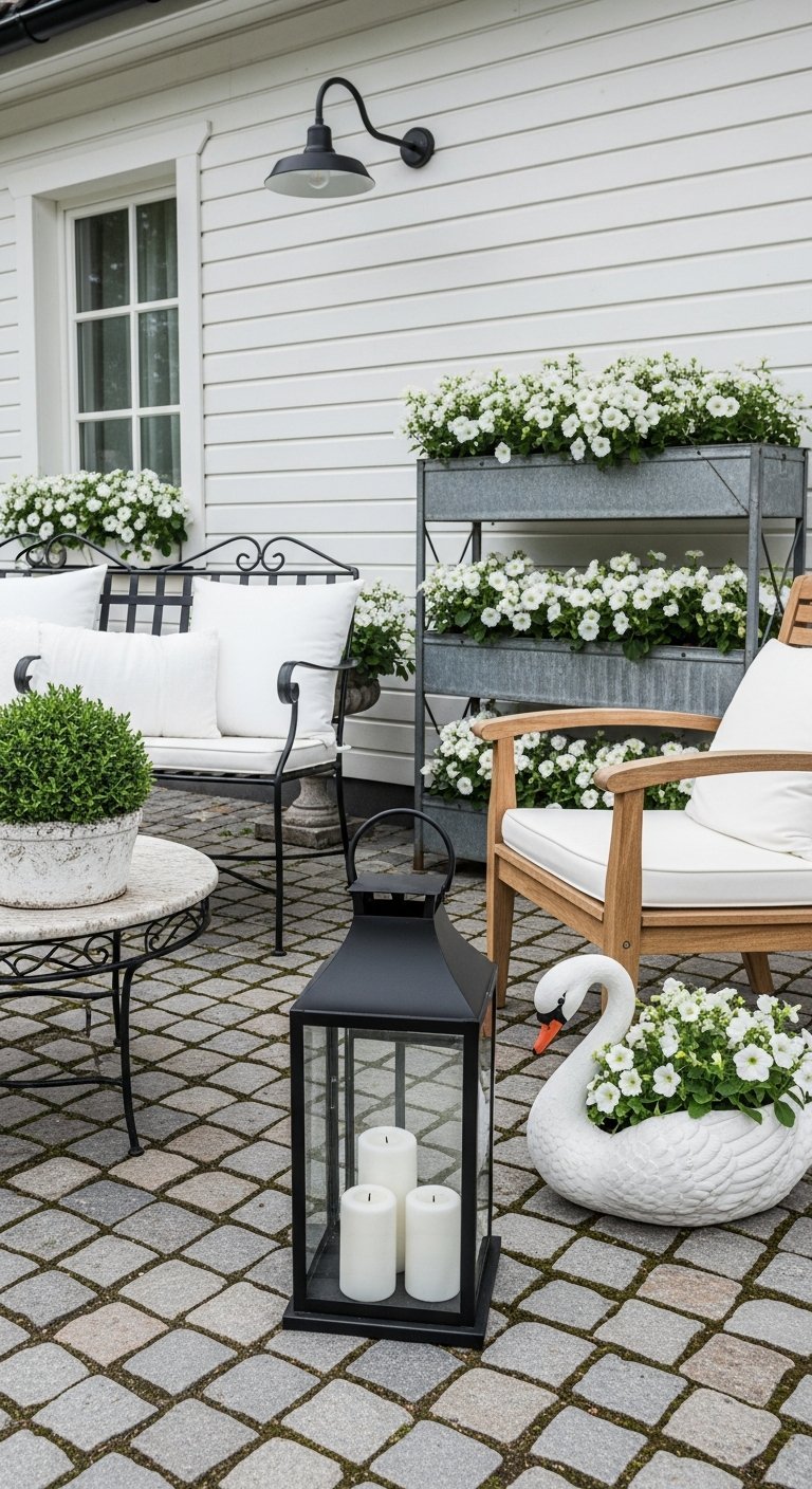 Terrasse pavée style campagnard avec banc en fer forgé et jardinière cygne