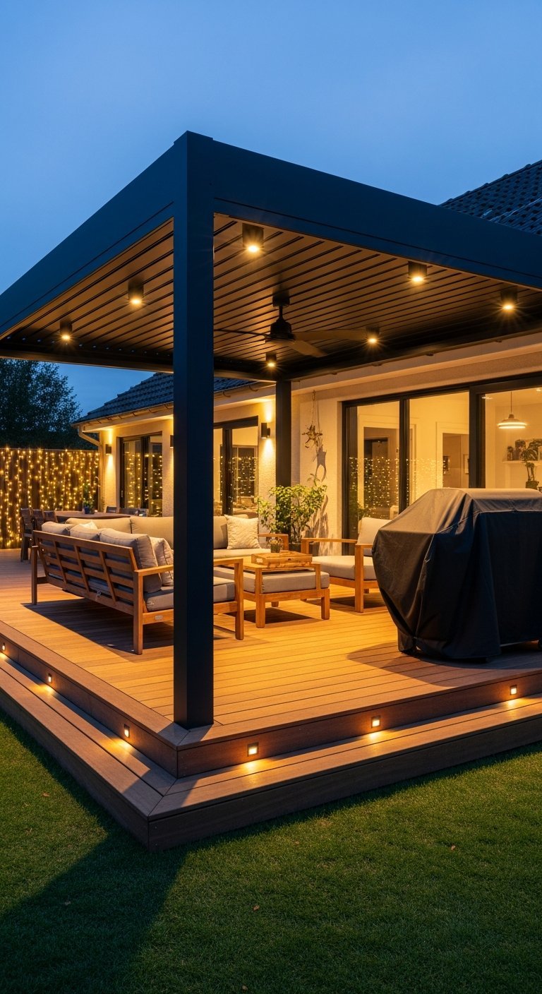 Véranda terrasse surélevée en bois avec éclairage de nuit