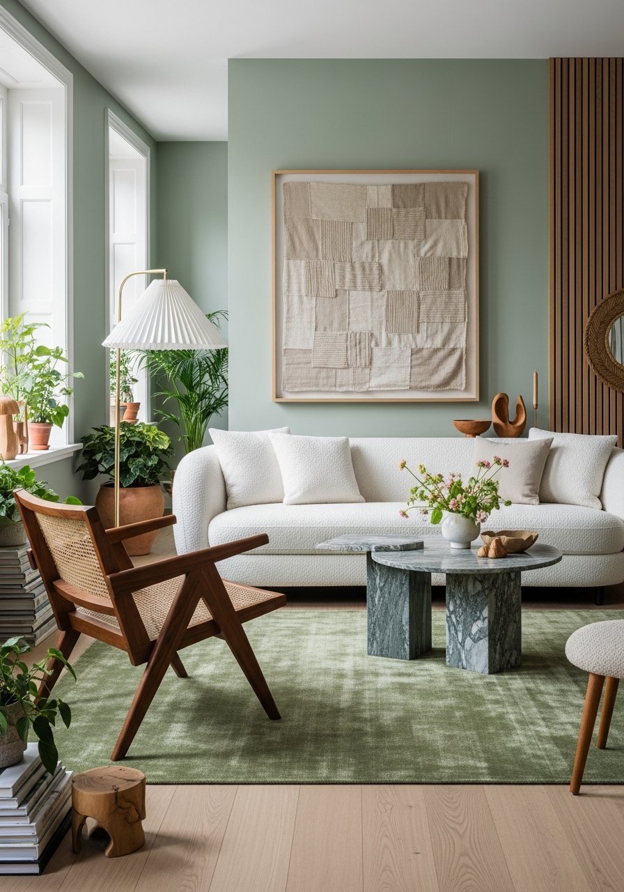 salon mur vert sauge bois