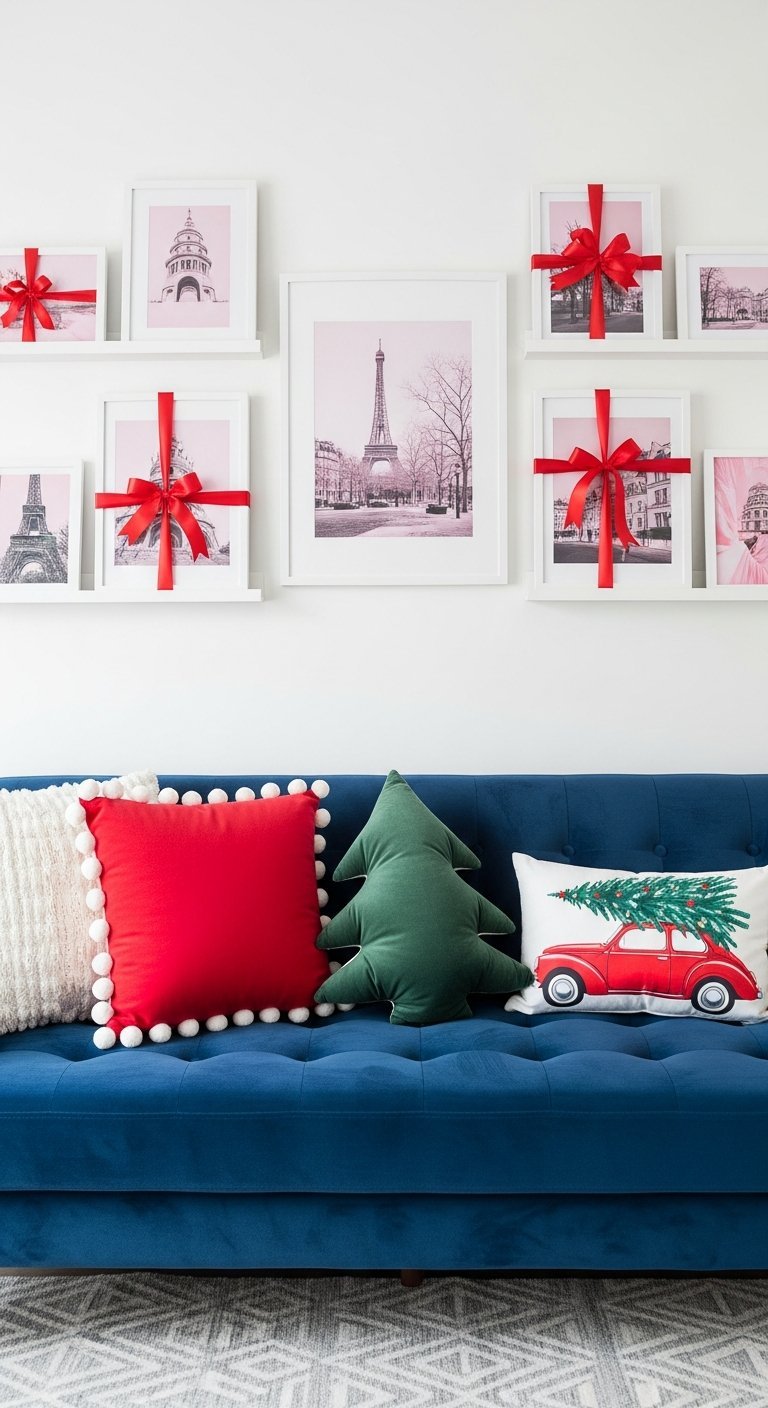 Canapé bleu avec coussins de Noel et cadres muraux emballés
