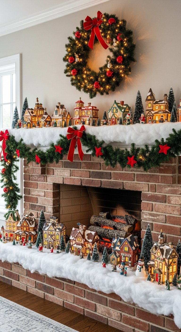 Cheminee en brique rouge entierement recouverte d un village de Noel miniature