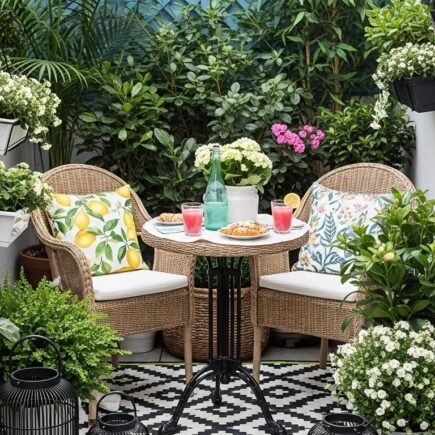 Coin bistrot sur petit balcon avec chaises en rotin tapis graphique et treillis bleu