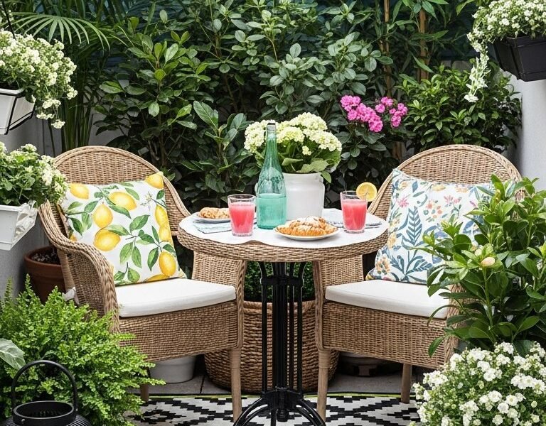 Coin bistrot sur petit balcon avec chaises en rotin tapis graphique et treillis bleu