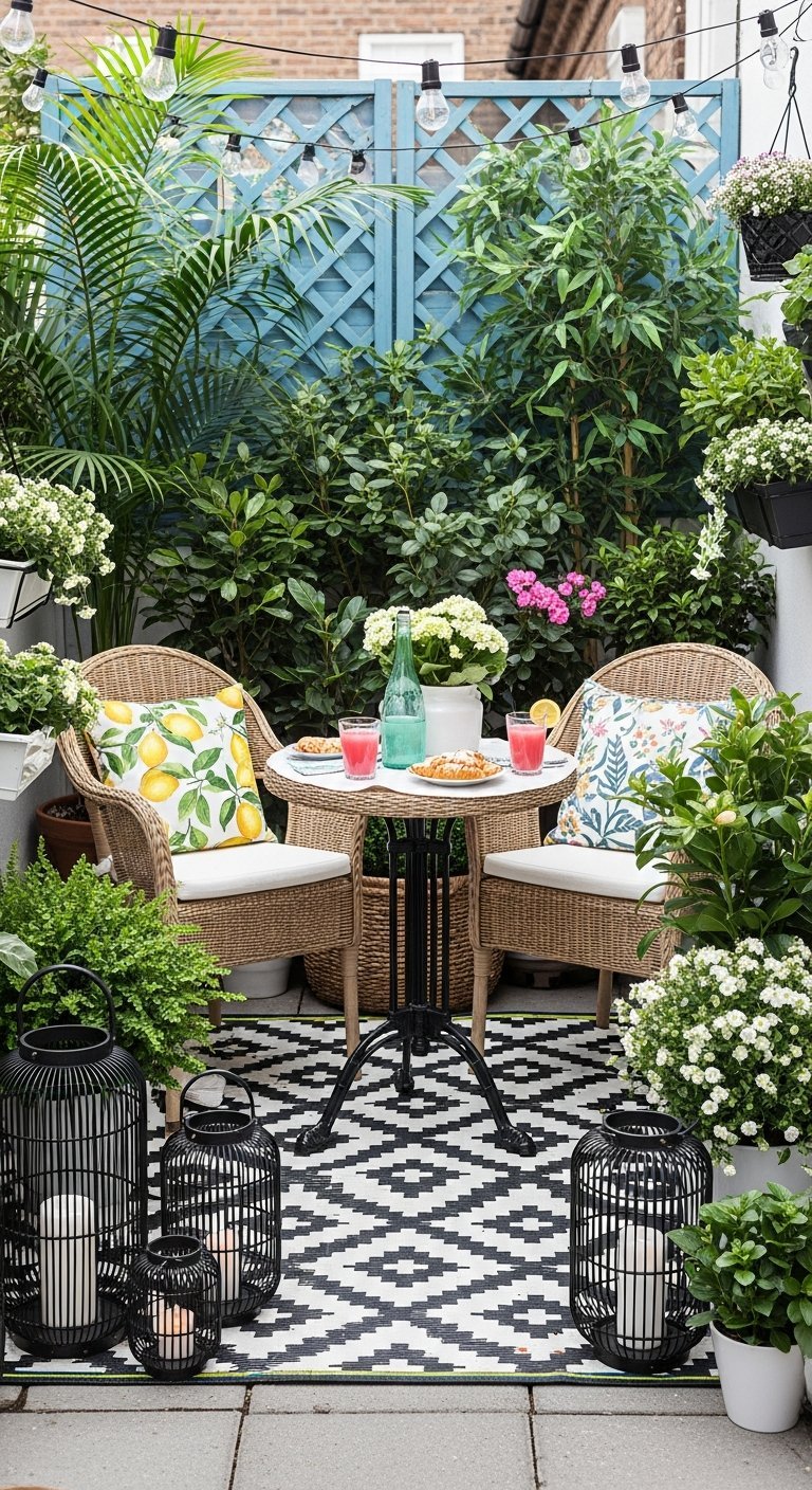 Coin bistrot sur petit balcon avec chaises en rotin tapis graphique et treillis bleu