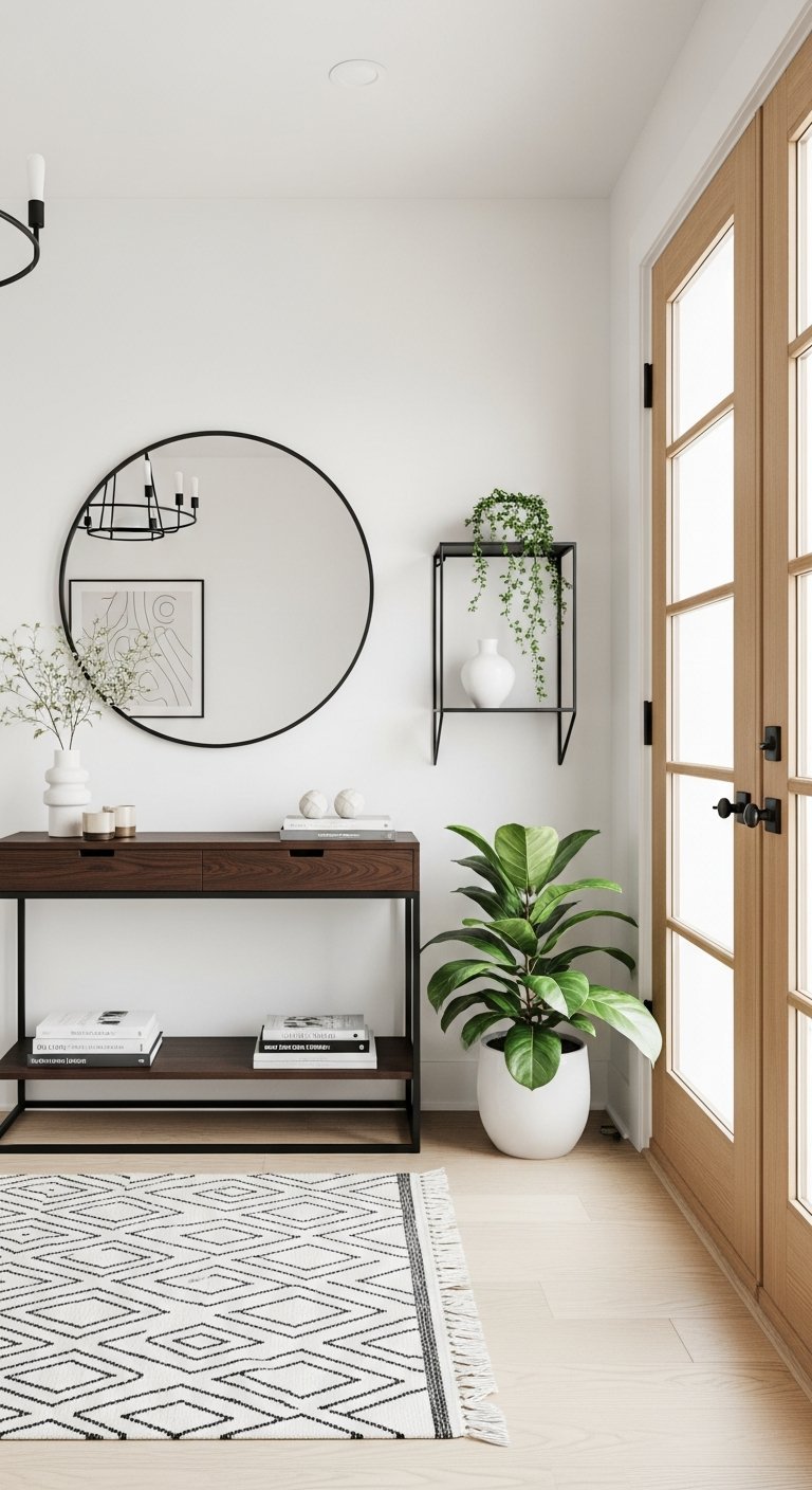 Console style industriel avec miroir rond noir et etagere murale