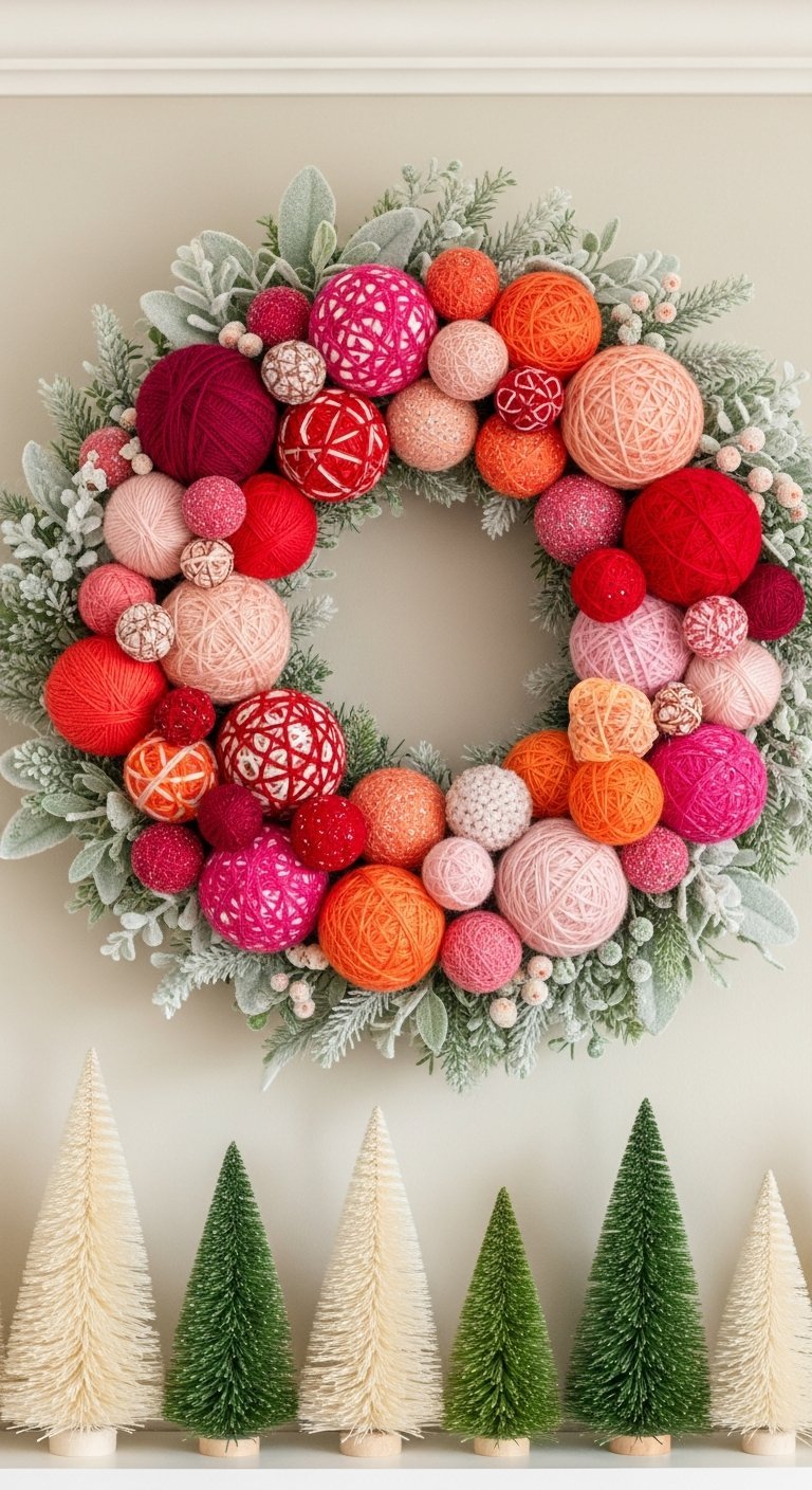 Couronne de Noel moderne et coloree decoree de pelotes de laine roses et oranges